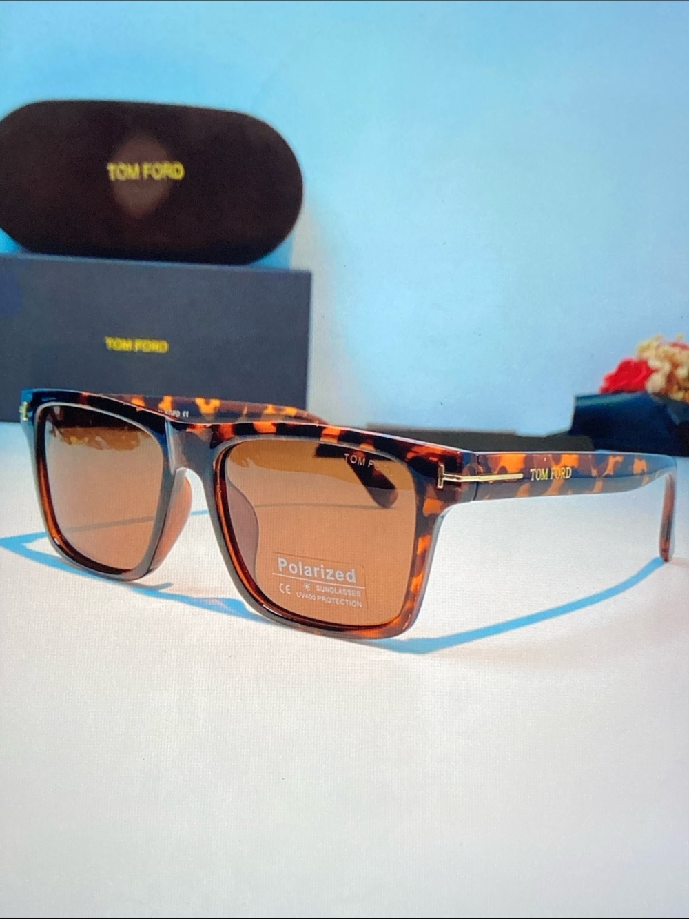 Tom Ford Tortoiseshell Square Sunglasses with Amber Polarized Lenses
